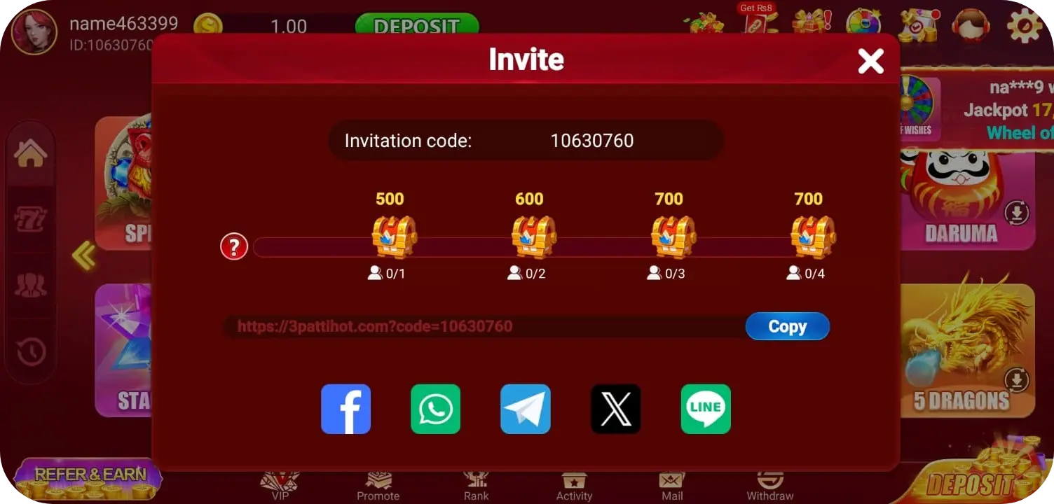refer and earn 3 Patti hot apk